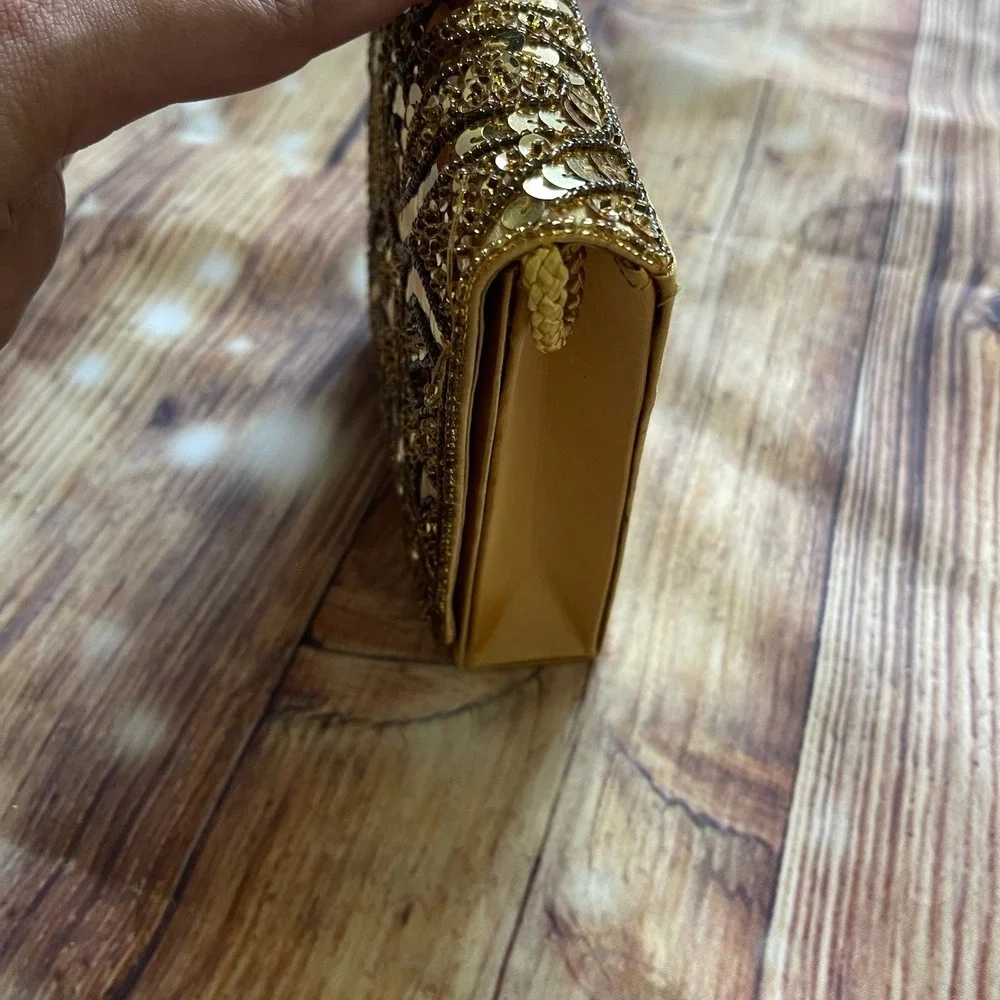 Gold Sequin Beaded Evening Bag Box Clutch‎ Crossbody Satin Swirl Pattern